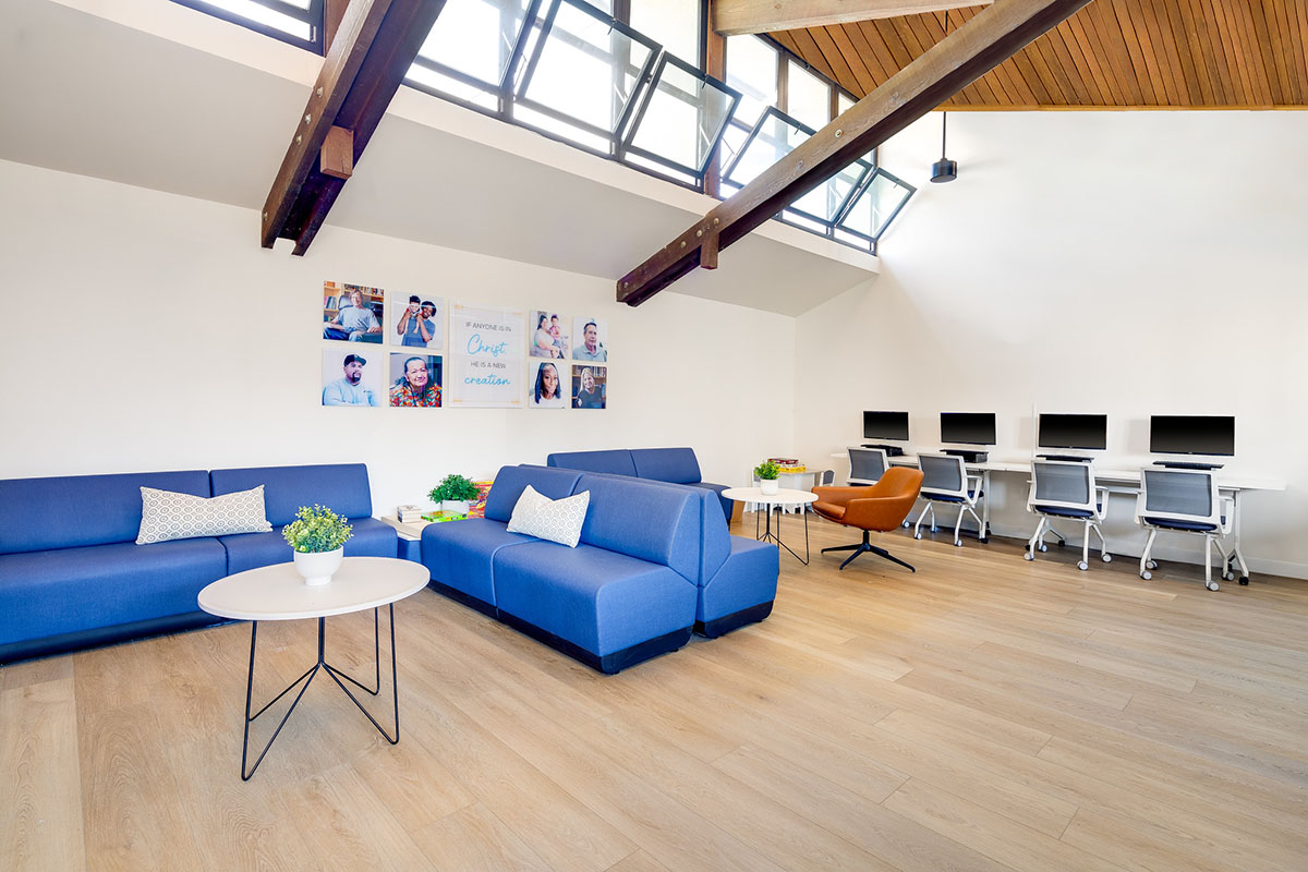 office, work, reading and game room with high windows at homeless shelter in Oceanside, California